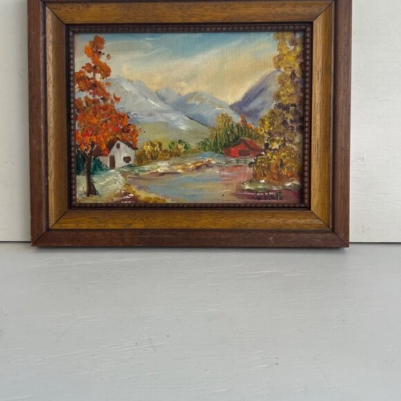 Vintage Landscape Painting In Wood Frame 8.5x6.5 Inches Autumn Mountain Scene Si - Picture 1 of 6
